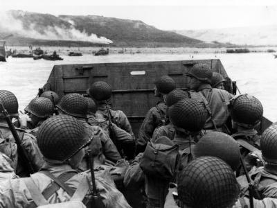 Troops in an LCVP landing craft approaching Omaha Beach on D Day 6 June 1944