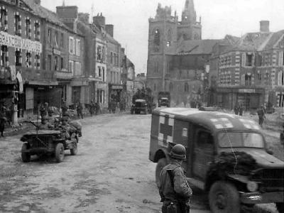 US Jeeps and Dodge WC Ambulance on Streets of La Haye-du-Puits