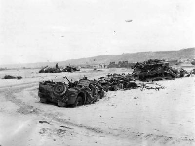 Wreckage of Jeeps and Armored Vehicles on D-Day Beachhead 1944