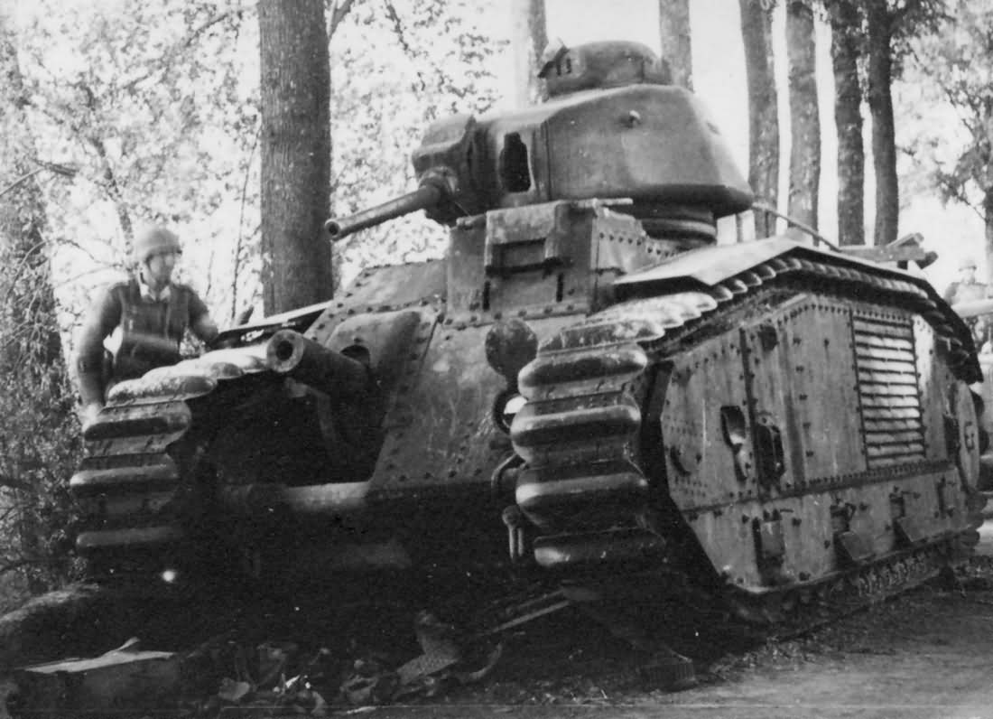 knocked out Char B1 bis tank front view