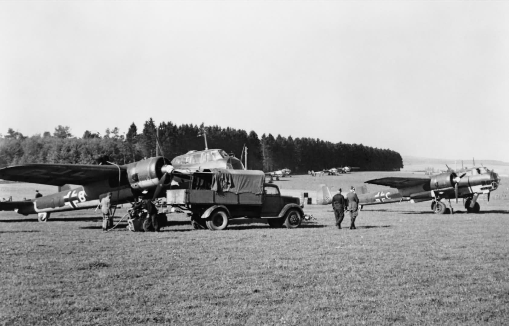 Dornier Do 17Z 3Z+CM and 3Z+BM of II/KG77 being serviced on Freux auxiliary airfield in Belgium