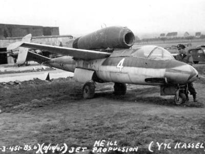 Heinkel He 162 Volksjäger white 4 W.Nr. 120067 ex JG 1 at Kassel-Waldau Y-96 1945