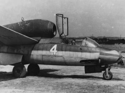 Captured He162 Spatz white 4 W.Nr. 120067 ex JG 1 at Kassel-Waldau 1945