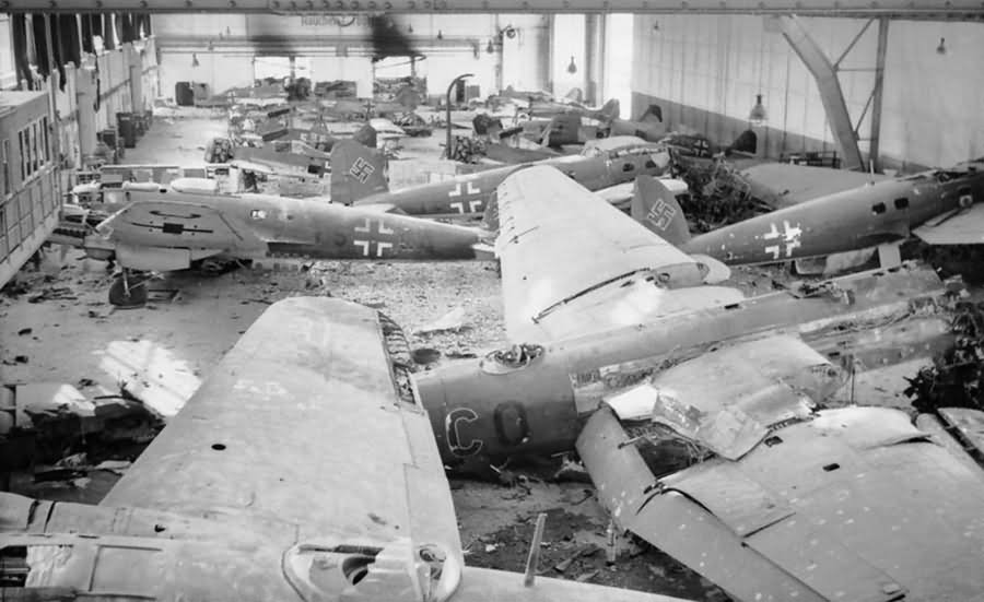 hangar full of wrecked He 111 at Schmarbeck April 1945