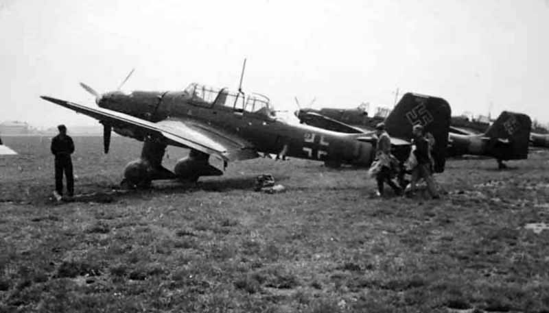 Ju87 B Stuka dive bombers parked landing on an improvised airfield