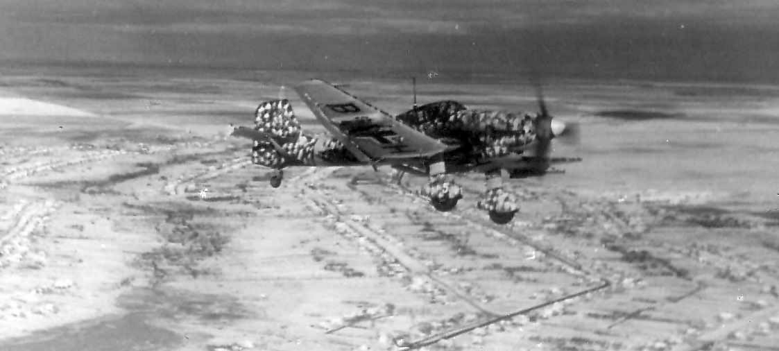 Junkers Ju 87 D-3 of StG 2 winter camouflage in flight