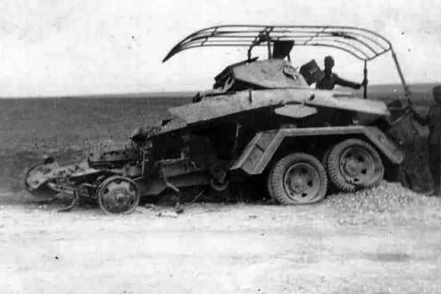 Destroyed six-wheeled SdKfz 232 (funk) armoured car