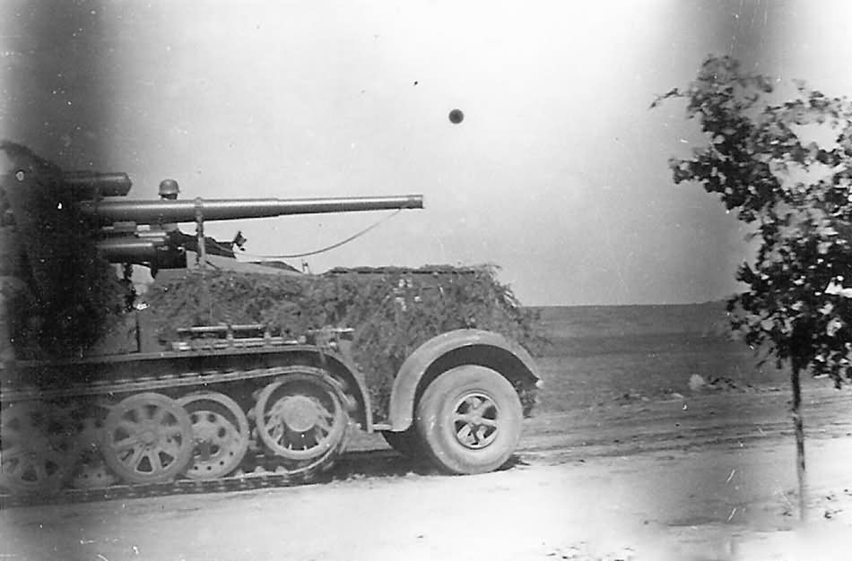 SdKfz 8 German Flak 18 (sf) Zugkraftwagen Halftrack with 88 mm gun on road