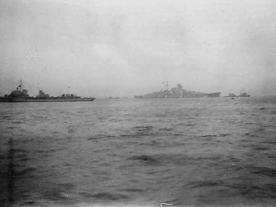 Battleship Bismarck escorted by several destroyers