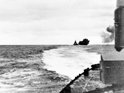 Bismarck firing on HMS Prince of Wales and HMS Hood
