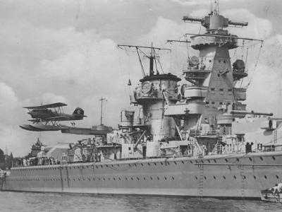 Deutschland class heavy cruiser Admiral Scheer launching a Heinkel He60 floatplane