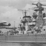 Deutschland class heavy cruiser Admiral Scheer launching a Heinkel He60 floatplane