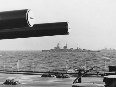 Battleship Tirpitz Baltic Sea October 1941. Sailing abreast Tirpitz are the light cruisers Nürnberg and Köln.