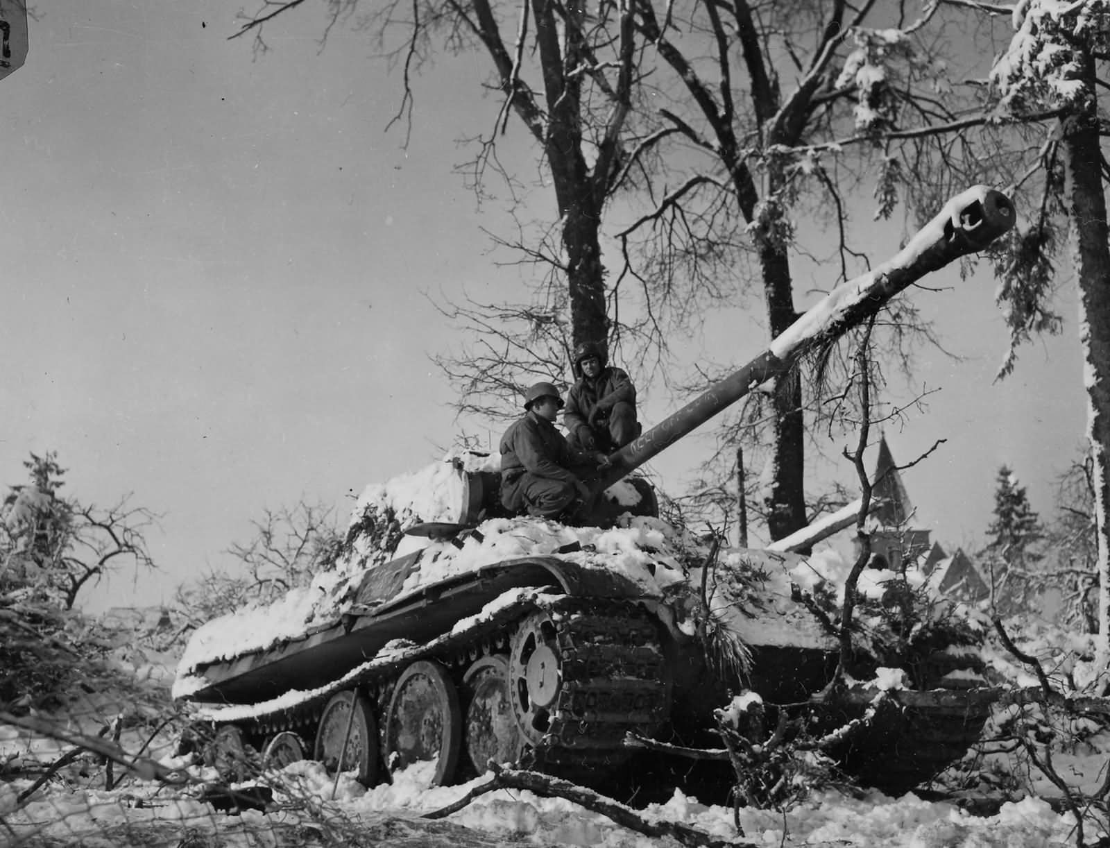 2nd Armored Division soldiers with captured Panther tank Grandmenil Belgium 1945
