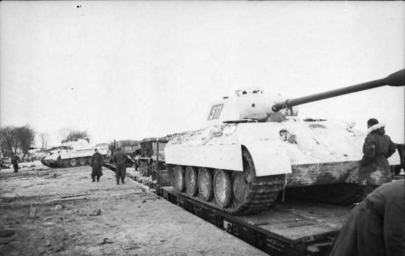 Panther Ausf A tank number 511 on a rail flat car winter camouflage 1944