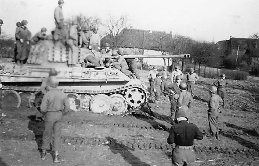 US GIs Climbing on Captured German Panther Ausf G Tank