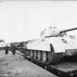 Panther Ausf A tank number 511 on a rail flat car winter camouflage 1944