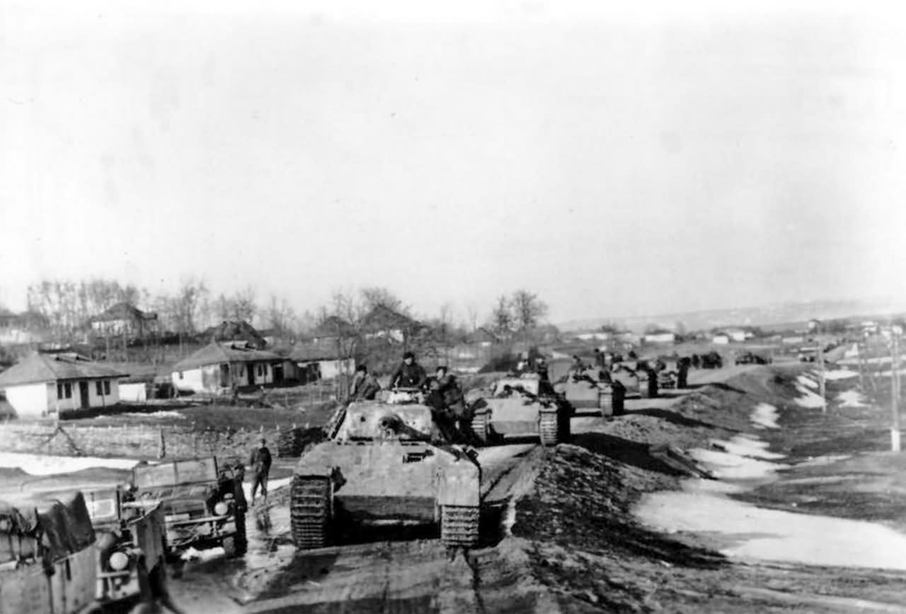 column of Panther Ausf A tanks from Grossdeutchland division Romania
