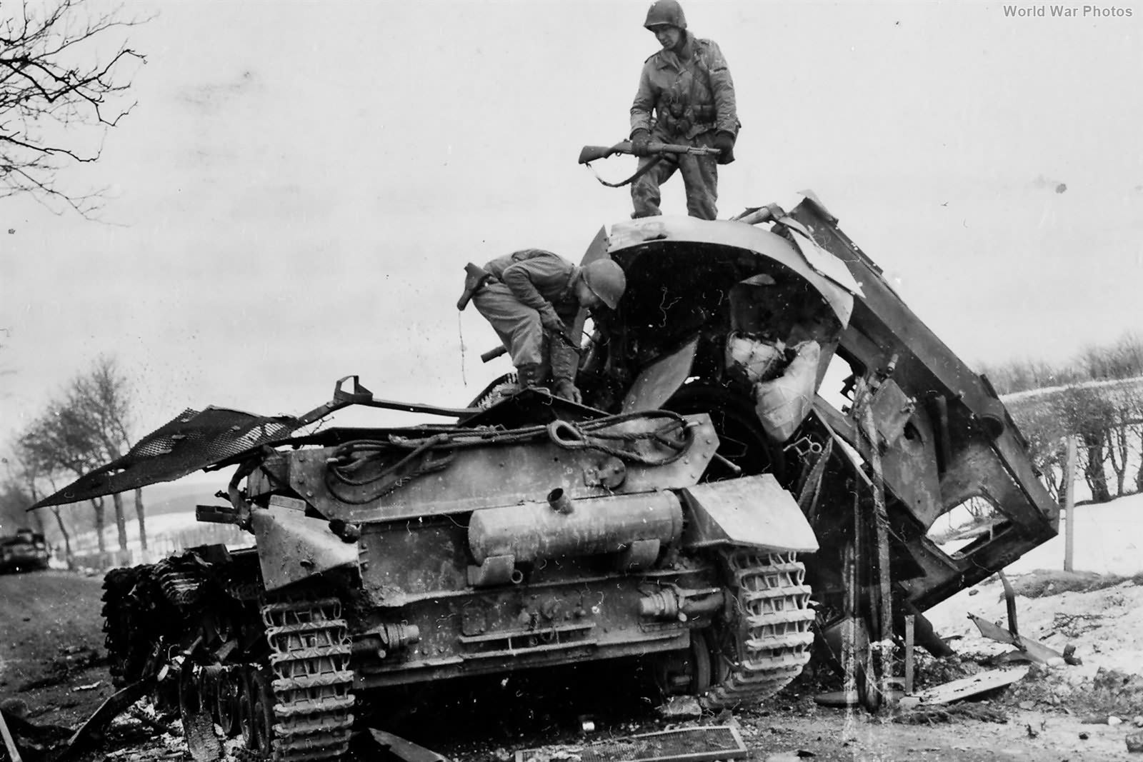 Panzer IV blown up at Wirtsfeld, Belgium Battle of the Bulge 17 December 1944