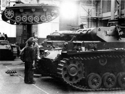 Panzer III tanks on assembly line in German factory