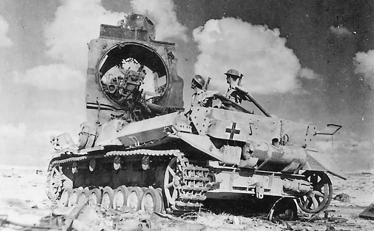 British Soldiers Look Over destroyed German Afrika Korps Panzer IV Tank