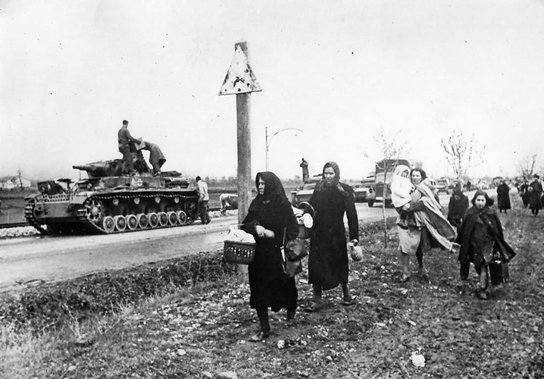 German Panzer IV Tank And Refugees – Invasion Of Yugoslavia 1941