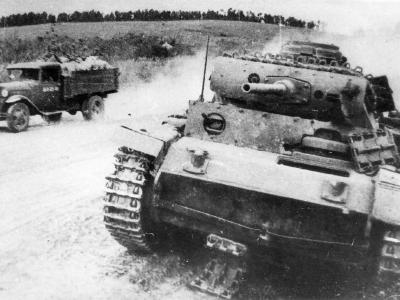 Russian Truck GAZ-AA Passing German Panzer III Ausf J
