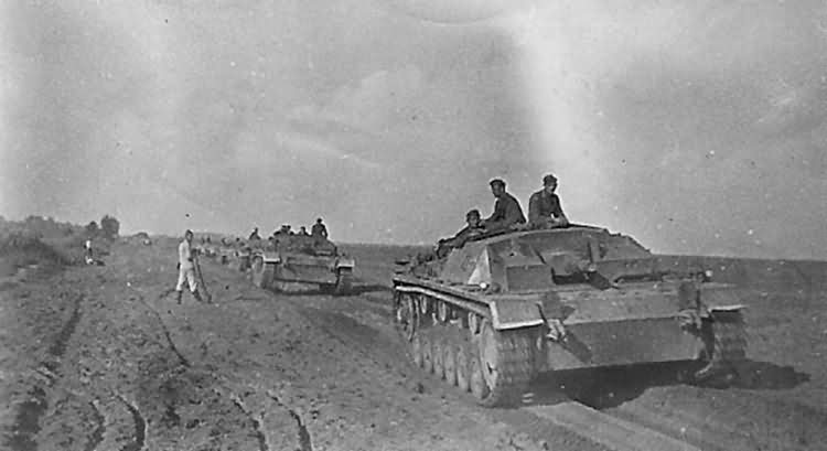 StuG IIIs advance in a mechanized column, Russia 1941