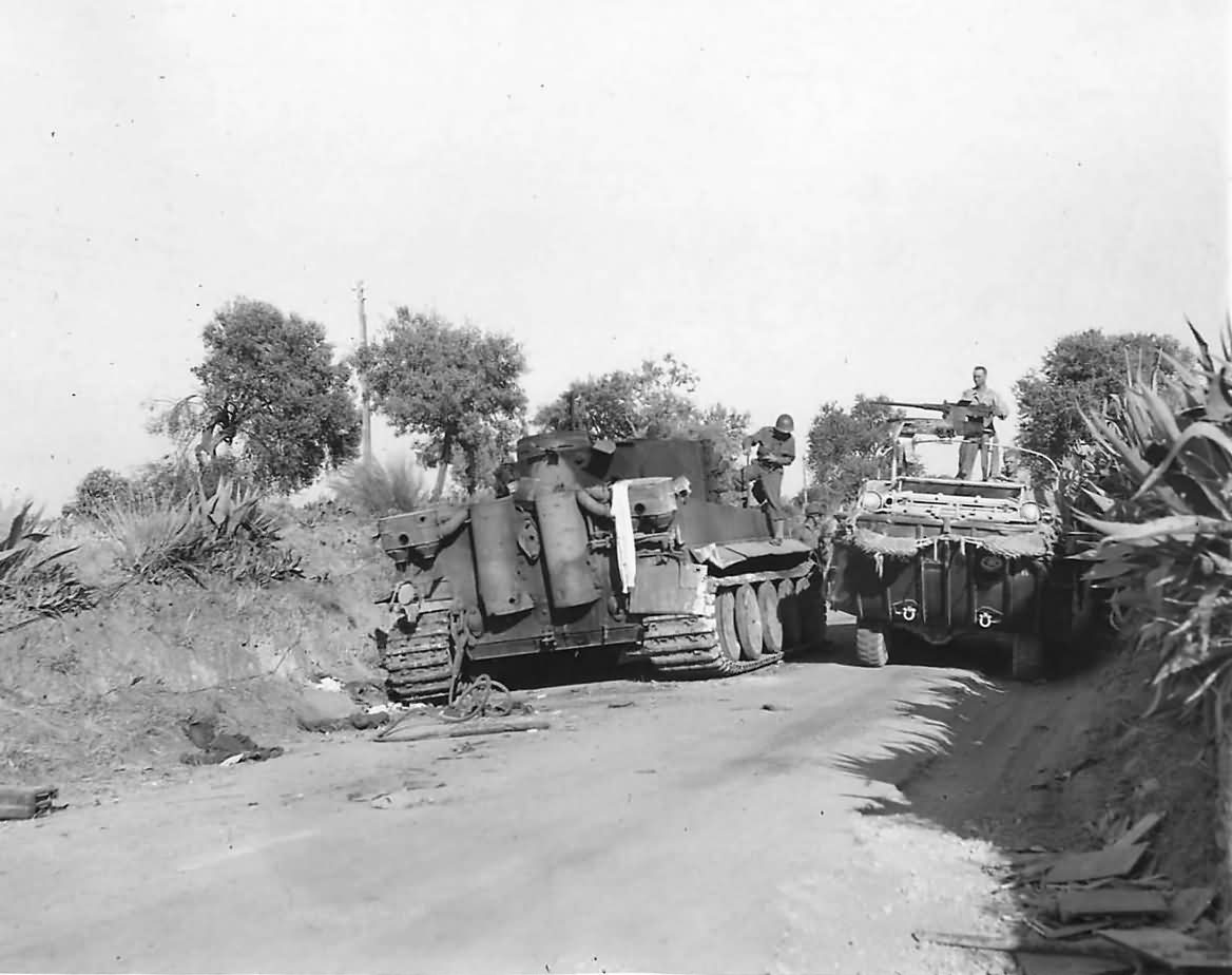 Allied DUKW by Knocked Out German Tiger Tank from 504 schwere Panzer Abteilung in Ponte Dirillo Sicily 1943