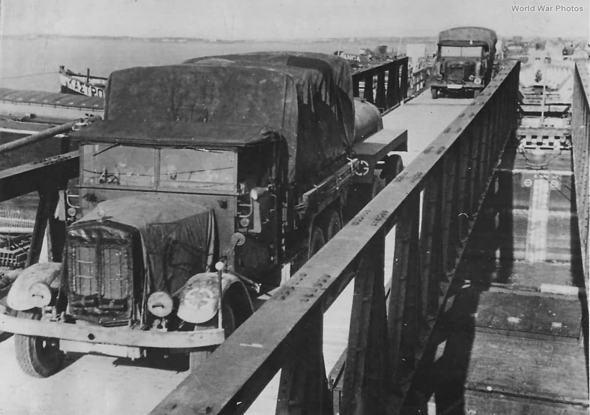 Germans troops cross Danube River in Krupp L3H163 trucks 1941