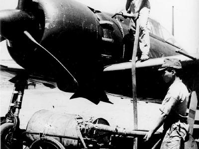 Mitsubishi A6M5 Zero being fueled for mission Saipan 1944
