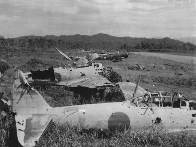 Wirraway of RAAF No 4 Squadron amid Wreckage of Zeros