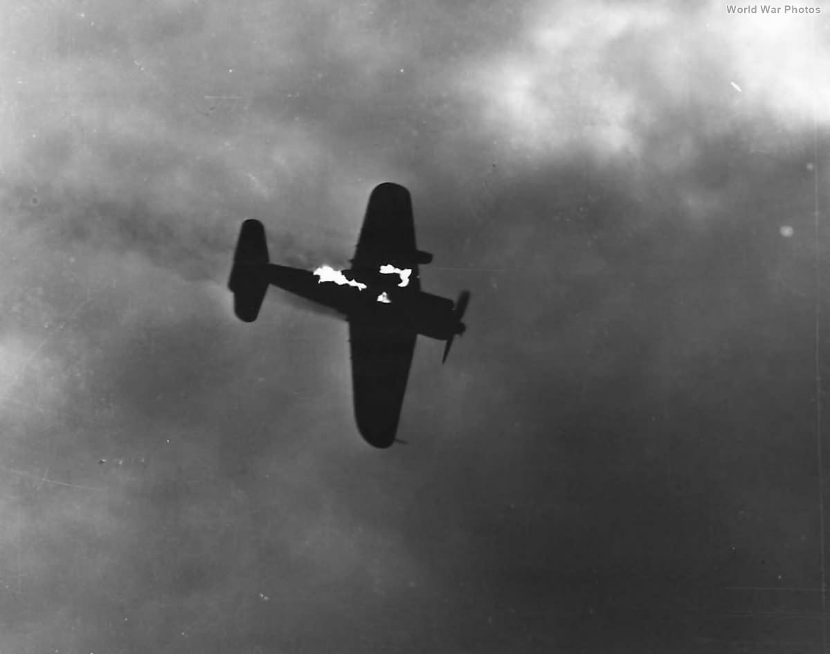 B6N burning after attack on USS Yorktown during Truk Raid 44