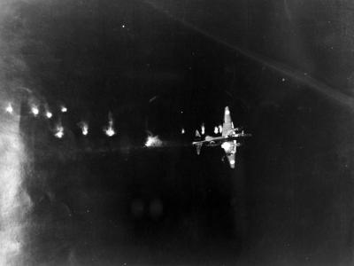 Mitsubishi G4M Betty in flames after being shot down by the PB4Y-1 „Porter’s Posse” of VB-106 off the coast of Biak Island on May 15, 1944