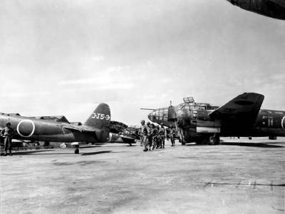 P1Y Ginga and Mitsubishi G4M Betty at Yokosuka naval base August 1945
