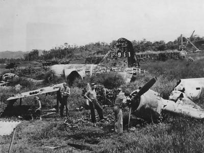 US Troops inspect wreckage of G6M1-L at Lae