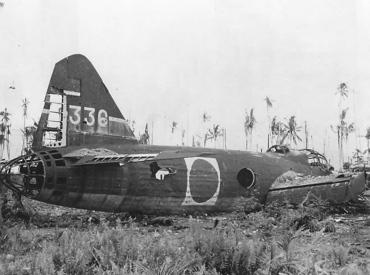 Wreckage of Mitsubishi G4M1 Model 11 ‚336’ of the 705 Kokutai after forced landing at Bugmar Beach, New Georgia