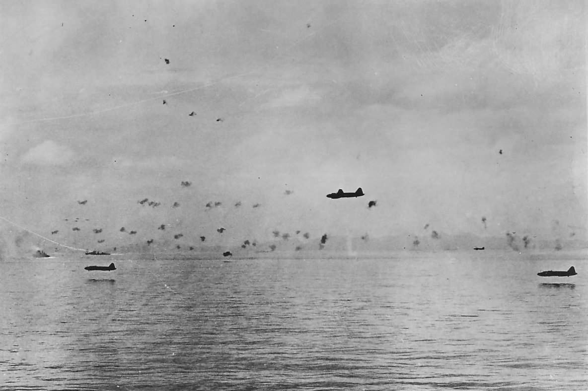 Low flying G4M Betty bombers making a torpedo run against the American Guadalcanal-Tulagi invasion force August 8, 1942