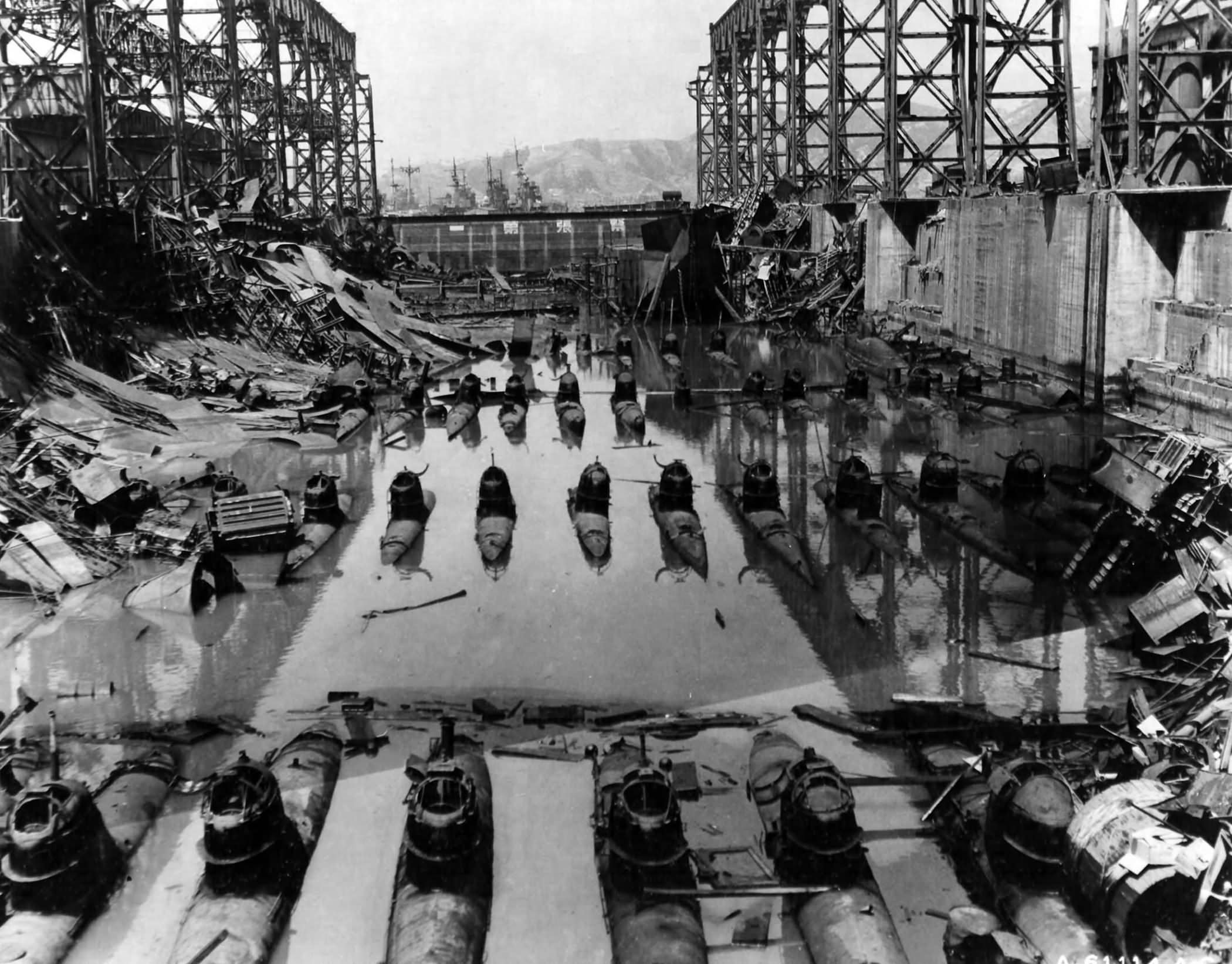 113 submarines Type D in a bombed out dry dock in Kure Japan