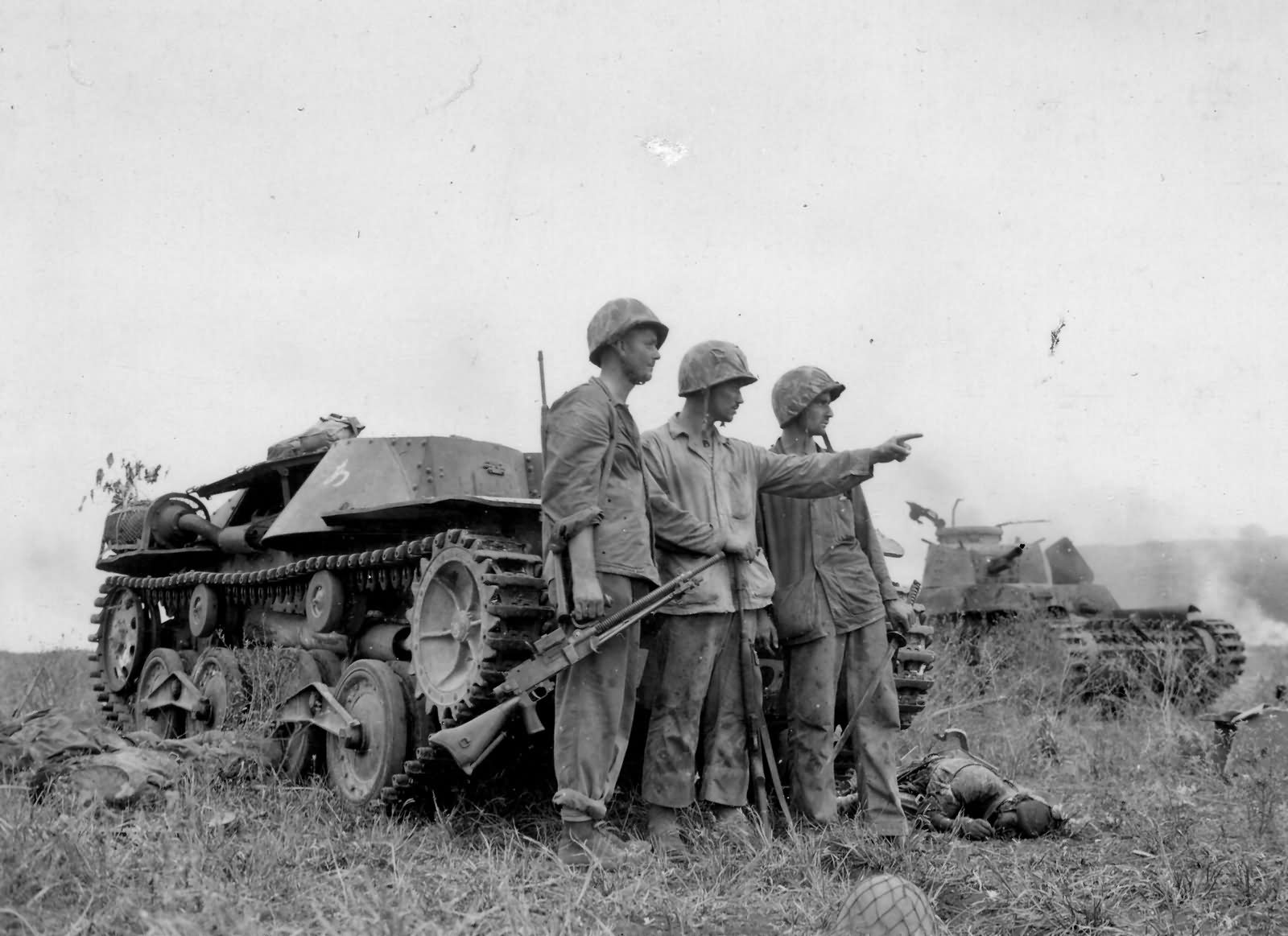 Japanese Type 97 and Type 95 tanks and marines Saipan