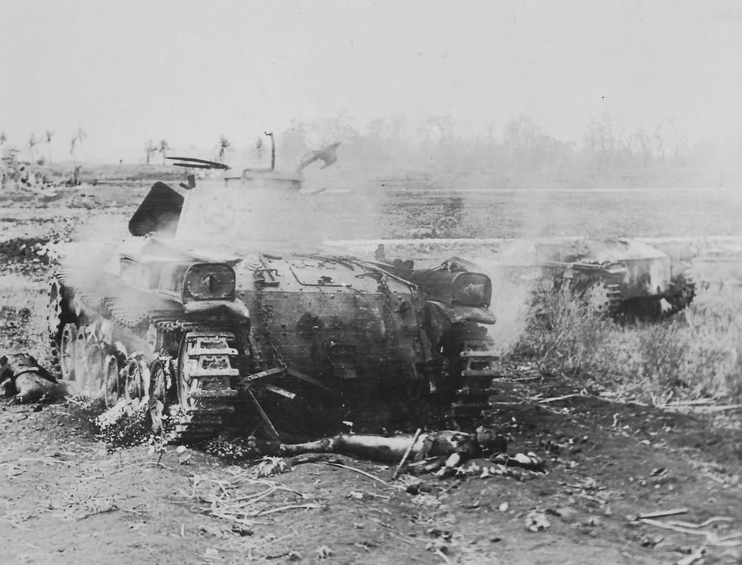 The charred remnants of a Japanese Type 97 Chi-Ha Tank