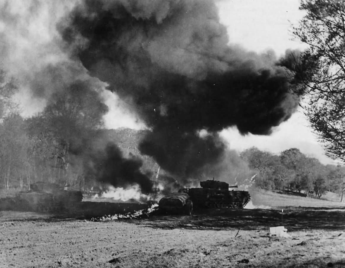 Churchill Crocodile Flame Thrower tank in action in France 1944