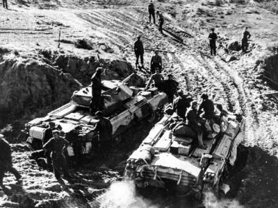Crusader tanks in the Western Desert 1941 near Homs