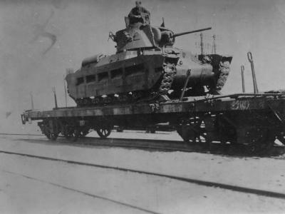 British infantry tank Matilda II on a railway flatcar