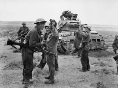 German Matilda A12 Mk II tank and German POW – North Africa