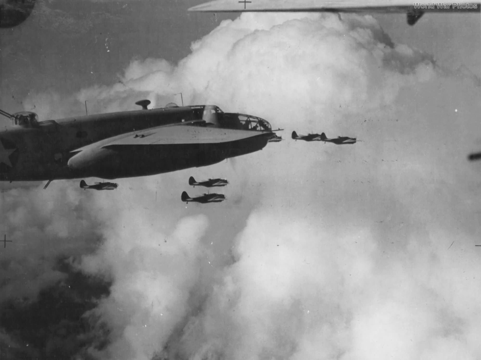 Baltimores mix in with B-25s of the 12th BG