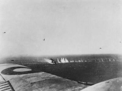 Beaufighters of the First Tactical Air Force attacking ship