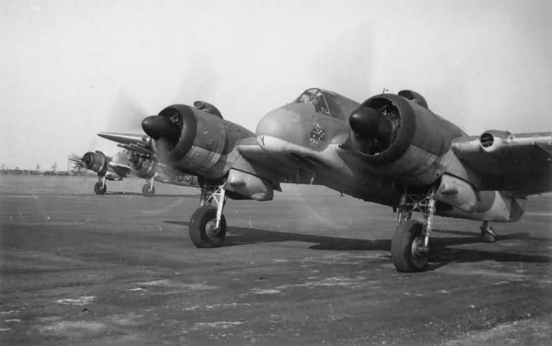 Beaufighter TF Mk X of No. 455 Squadron RAAF line up on the runway at Dallachy