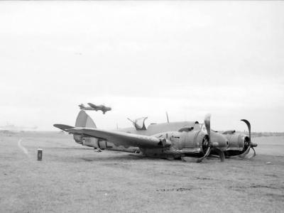 Damaged Beaufighter TF Mk X NE831 code PL-O of No 144 Squadron RAF at Dallachy