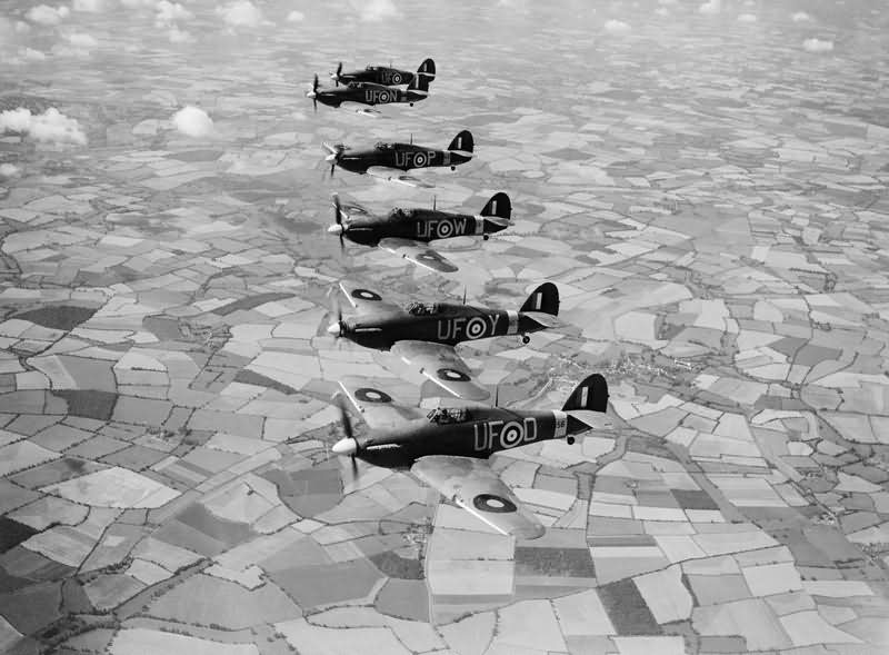 6 Hurricane Mk IIB of B Flight No 601 Squadron RAF based at Duxford